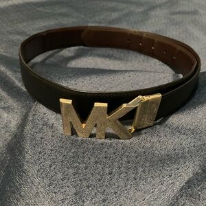 Michael Kors Black and Gold Leather Belt with MK Logo